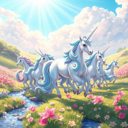 Elrin, the majestic unicorn Pokémon, elegantly leading a vibrant herd of unicorns across a lush, enchanted landscape