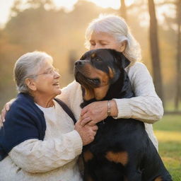 A beloved Rottweiler, radiant with heavenly glow, is joyfully reunited with a loving, elderly woman against a serene, heavenly background basked in soft, warm light.