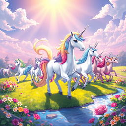 Elrin, the majestic unicorn Pokémon, elegantly leading a vibrant herd of unicorns across a lush, enchanted landscape