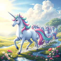 Elrin, the majestic unicorn Pokémon, elegantly leading a vibrant herd of unicorns across a lush, enchanted landscape