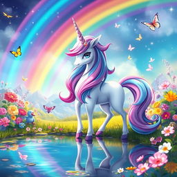 Elrin, the enchanting unicorn Pokémon, depicted in a magical landscape filled with vibrant, colorful flowers and shimmering rainbows