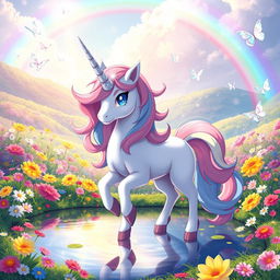 Elrin, the enchanting unicorn Pokémon, depicted in a magical landscape filled with vibrant, colorful flowers and shimmering rainbows