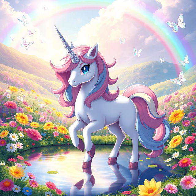 Elrin, the enchanting unicorn Pokémon, depicted in a magical landscape filled with vibrant, colorful flowers and shimmering rainbows