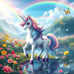 Elrin, the enchanting unicorn Pokémon, depicted in a magical landscape filled with vibrant, colorful flowers and shimmering rainbows