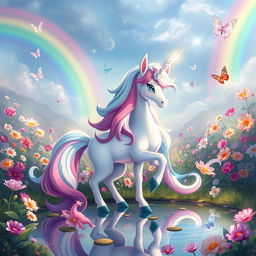 Elrin, the enchanting unicorn Pokémon, depicted in a magical landscape filled with vibrant, colorful flowers and shimmering rainbows