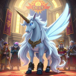 Elrin, the regal unicorn Pokémon, depicted as the leader of the guild Deus, surrounded by a group of loyal guild members who are a mix of mystical creatures and warriors