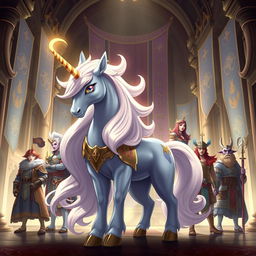 Elrin, the regal unicorn Pokémon, depicted as the leader of the guild Deus, surrounded by a group of loyal guild members who are a mix of mystical creatures and warriors