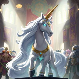 Elrin, the regal unicorn Pokémon, depicted as the leader of the guild Deus, surrounded by a group of loyal guild members who are a mix of mystical creatures and warriors