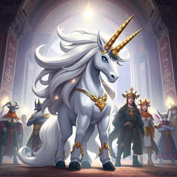 Elrin, the regal unicorn Pokémon, depicted as the leader of the guild Deus, surrounded by a group of loyal guild members who are a mix of mystical creatures and warriors