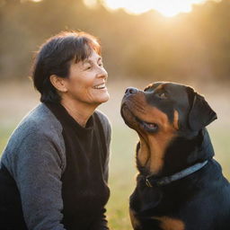 A beloved Rottweiler, radiant with heavenly glow, is joyfully reunited with a loving, elderly woman against a serene, heavenly background basked in soft, warm light.