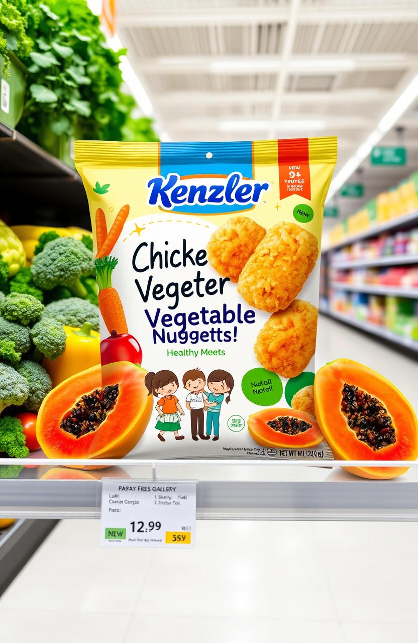 A vibrant product proposal for Kenzler Chicken and Vegetable Nuggets, featuring a stylish packaging design