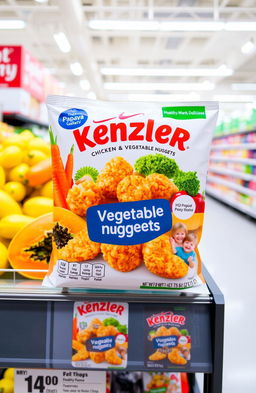 A vibrant product proposal for Kenzler Chicken and Vegetable Nuggets, featuring a stylish packaging design