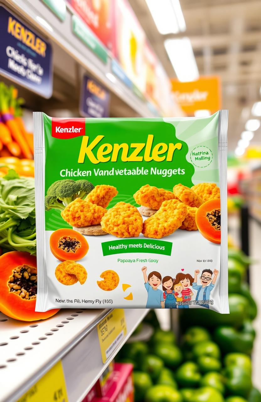 A vibrant product proposal for Kenzler Chicken and Vegetable Nuggets, featuring a stylish packaging design