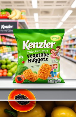 A vibrant product proposal for Kenzler Chicken and Vegetable Nuggets, featuring a stylish packaging design