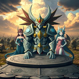 Tom, the strategic war Pokémon, portrayed as a wise and cunning leader surrounded by his muses—beautiful mythical beings that represent inspiration and creativity in warfare