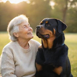 A beloved Rottweiler, radiant with heavenly glow, is joyfully reunited with a loving, elderly woman against a serene, heavenly background basked in soft, warm light.