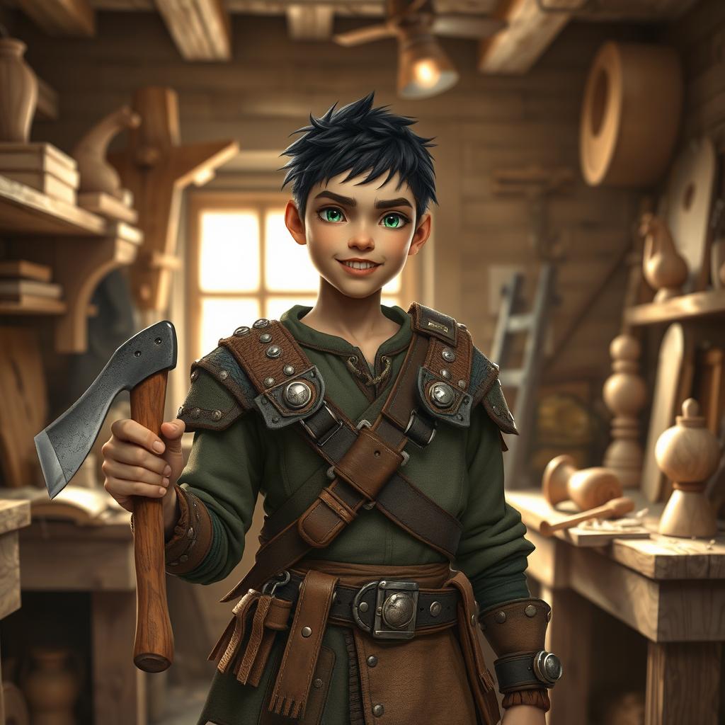 A young water genasi artificer in a lively workshop, displaying his carpentry skills