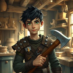 A young water genasi artificer in a lively workshop, displaying his carpentry skills