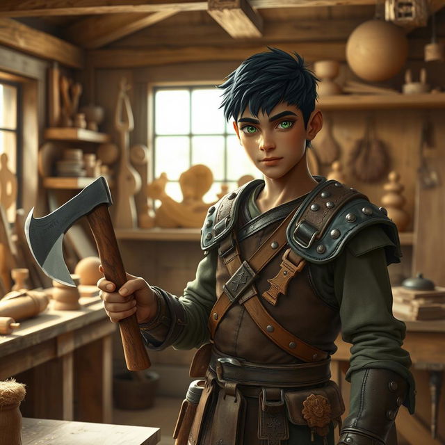 A young water genasi artificer in a lively workshop, displaying his carpentry skills