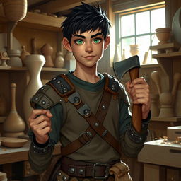 A young water genasi artificer in a lively workshop, displaying his carpentry skills