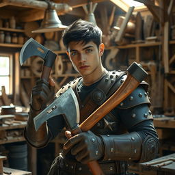 A man in his 20s, a water genasi artificer, confidently wielding hand axes in a bustling carpentry workshop