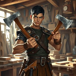 A man in his 20s, a water genasi artificer, confidently wielding hand axes in a bustling carpentry workshop