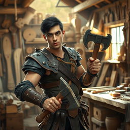 A man in his 20s, a water genasi artificer, confidently wielding hand axes in a bustling carpentry workshop