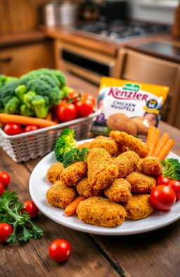 A delicious and colorful array of Kenzler brand chicken nuggets served with an assortment of fresh vegetables including bright orange carrots, vibrant green broccoli, and cherry tomatoes