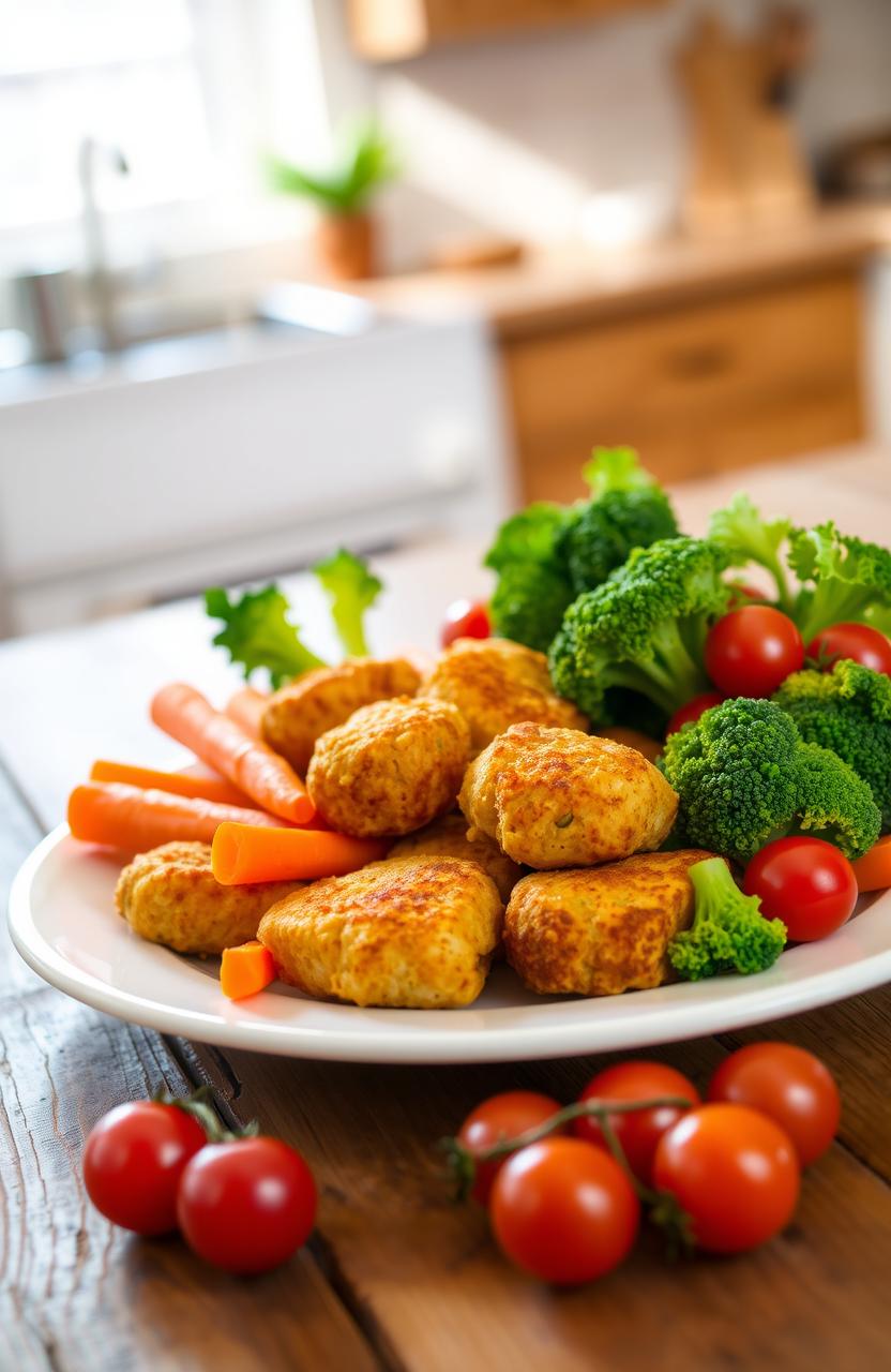 A delicious and colorful array of Kenzler brand chicken nuggets served with an assortment of fresh vegetables including bright orange carrots, vibrant green broccoli, and cherry tomatoes