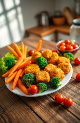 A delicious and colorful array of Kenzler brand chicken nuggets served with an assortment of fresh vegetables including bright orange carrots, vibrant green broccoli, and cherry tomatoes