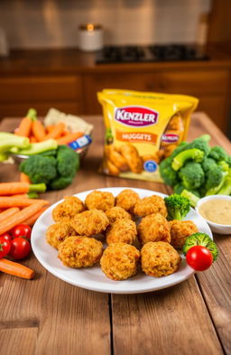 A delicious and colorful array of Kenzler brand chicken nuggets served with an assortment of fresh vegetables including bright orange carrots, vibrant green broccoli, and cherry tomatoes