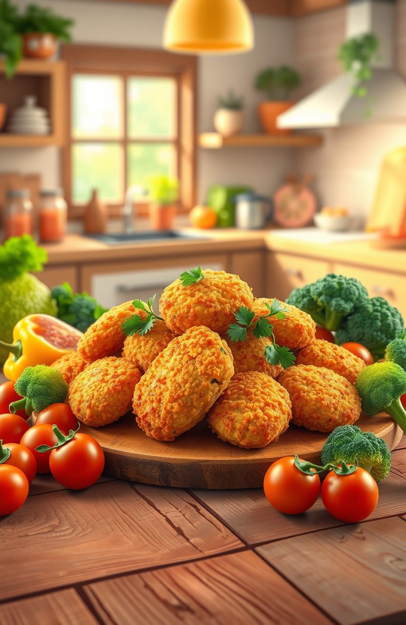 A creative and colorful illustration of an imaginative food scene showcasing Kenzler vegetables chicken nuggets beautifully arranged on a vibrant, rustic wooden table