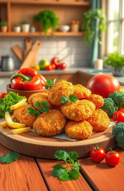 A creative and colorful illustration of an imaginative food scene showcasing Kenzler vegetables chicken nuggets beautifully arranged on a vibrant, rustic wooden table