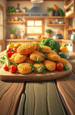 A creative and colorful illustration of an imaginative food scene showcasing Kenzler vegetables chicken nuggets beautifully arranged on a vibrant, rustic wooden table