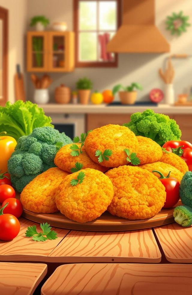 A creative and colorful illustration of an imaginative food scene showcasing Kenzler vegetables chicken nuggets beautifully arranged on a vibrant, rustic wooden table