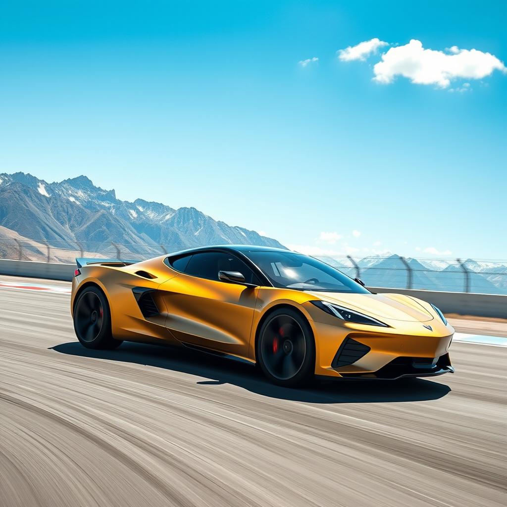 A futuristic fusion of a Corvette C8 and a Tesla Model 3, designed as a stylish four-door CUV