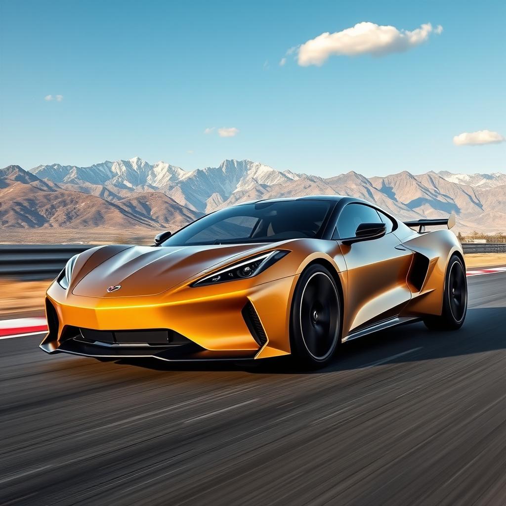 A futuristic fusion of a Corvette C8 and a Tesla Model 3, designed as a stylish four-door CUV