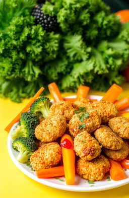 A vibrant and colorful plate featuring an array of healthy vegetables, such as broccoli, carrots, and bell peppers, arranged artfully around crispy and golden chicken nuggets