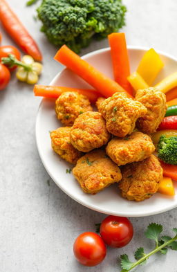 A vibrant and colorful plate featuring an array of healthy vegetables, such as broccoli, carrots, and bell peppers, arranged artfully around crispy and golden chicken nuggets