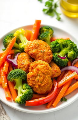 A vibrant and colorful plate featuring an array of healthy vegetables, such as broccoli, carrots, and bell peppers, arranged artfully around crispy and golden chicken nuggets