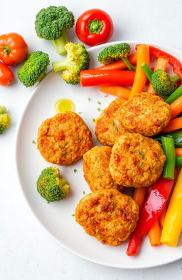 A vibrant and colorful plate featuring an array of healthy vegetables, such as broccoli, carrots, and bell peppers, arranged artfully around crispy and golden chicken nuggets