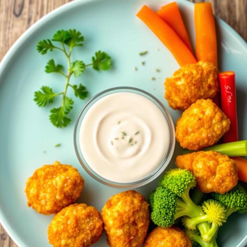 A visually appealing plate design that showcases Kanzler-style chicken nuggets alongside a variety of healthy vegetables