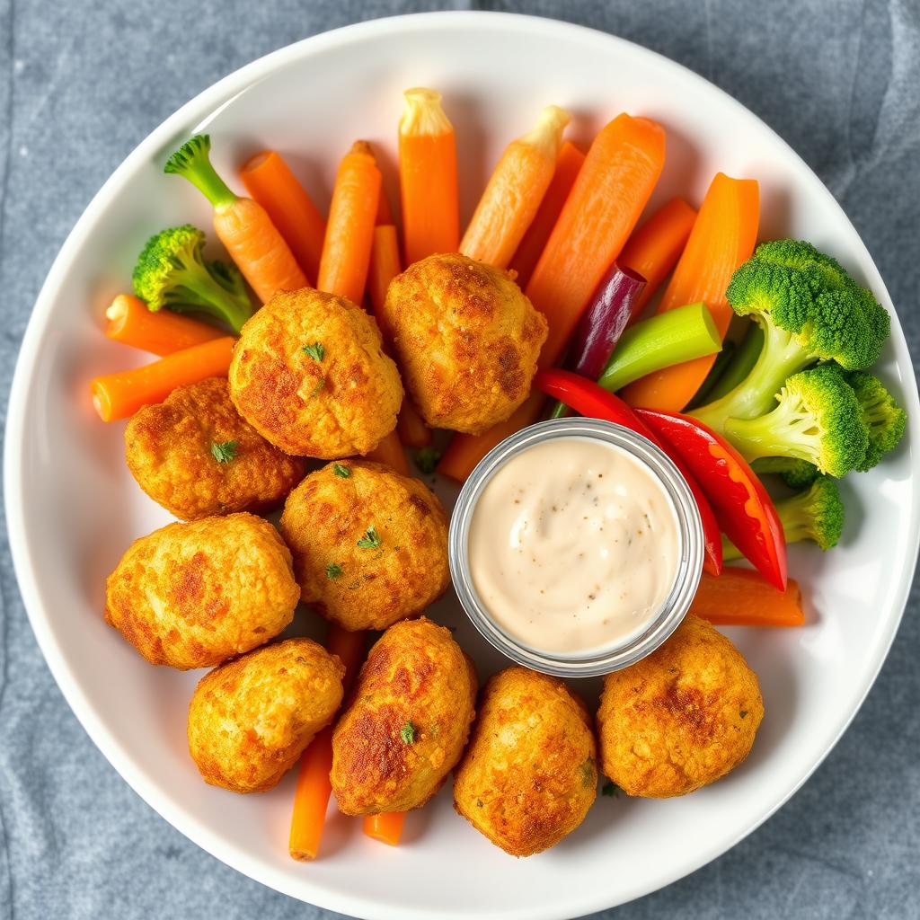 A visually appealing plate design that showcases Kanzler-style chicken nuggets alongside a variety of healthy vegetables