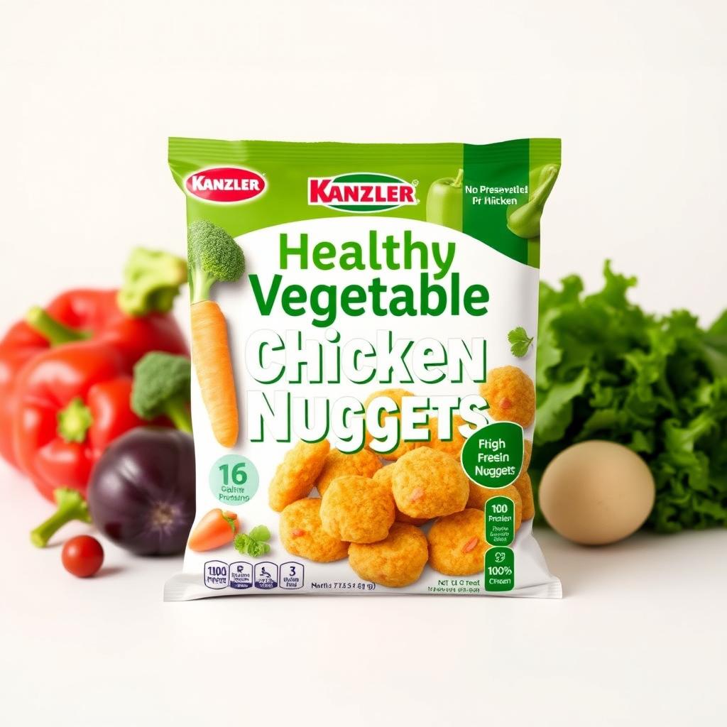 An eye-catching packaging design for Kanzler chicken nuggets that emphasizes health and nutrition