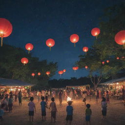 A Southeast Asian spring camp under a starlit night sky. Student stalls sell food and drinks, while children play tug-of-war and folk games. Amidst lanterns hung in the air, a person walks by, carrying a dragon.