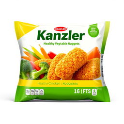 An attractive packaging design for Kanzler chicken nuggets that features healthy vegetables