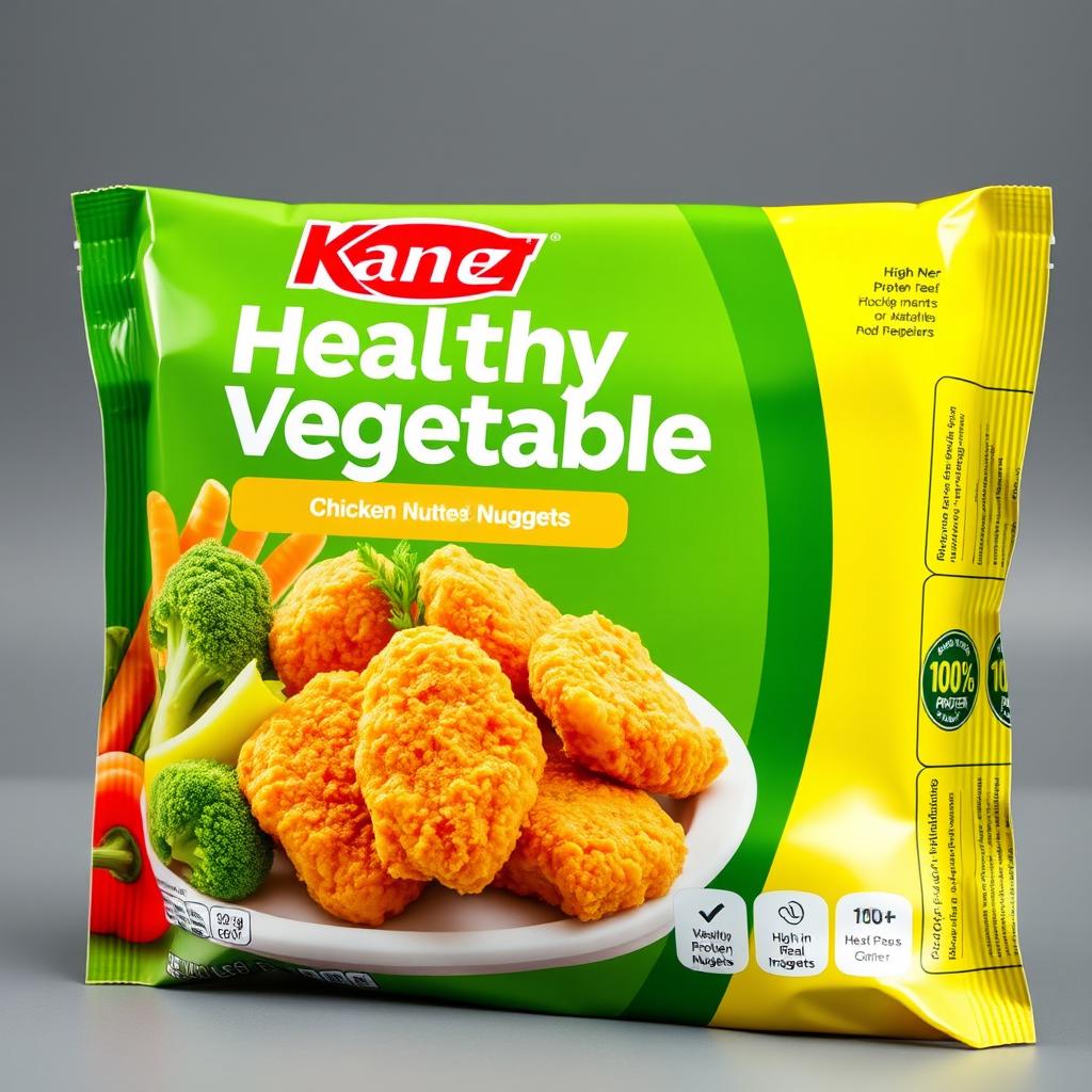 An attractive packaging design for Kanzler chicken nuggets that features healthy vegetables