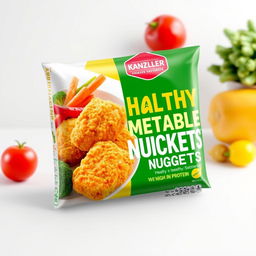 An attractive packaging design for Kanzler chicken nuggets that features healthy vegetables