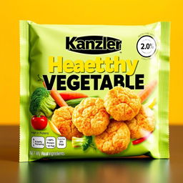 An attractive packaging design for Kanzler chicken nuggets that features healthy vegetables