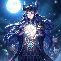 Sayuki, the night elf Pokémon strategist of the guild, captured in a mystical nocturnal setting